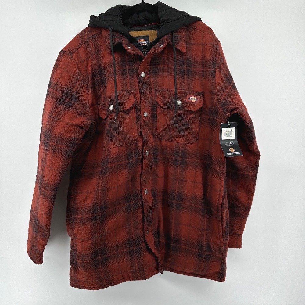 Dickies Mens Hooded Flannel Shirt Jacket Red Black Plaid TJ211B2W Size Medium